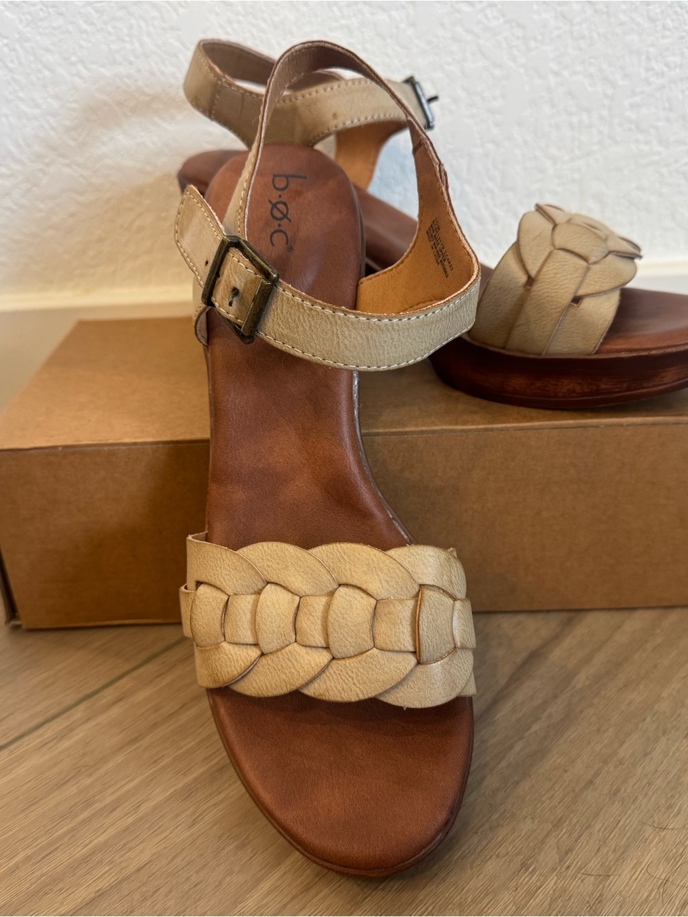 b.o.c. Women's Beige Braided Leather Ankle-Strap Sandals
